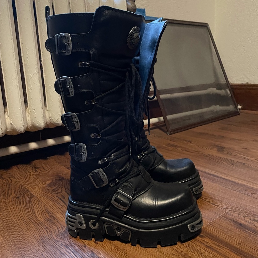 New Rock 272-S1 Black Metallic Reactor Gothic Knee High Leather Zip Buckle Bootz